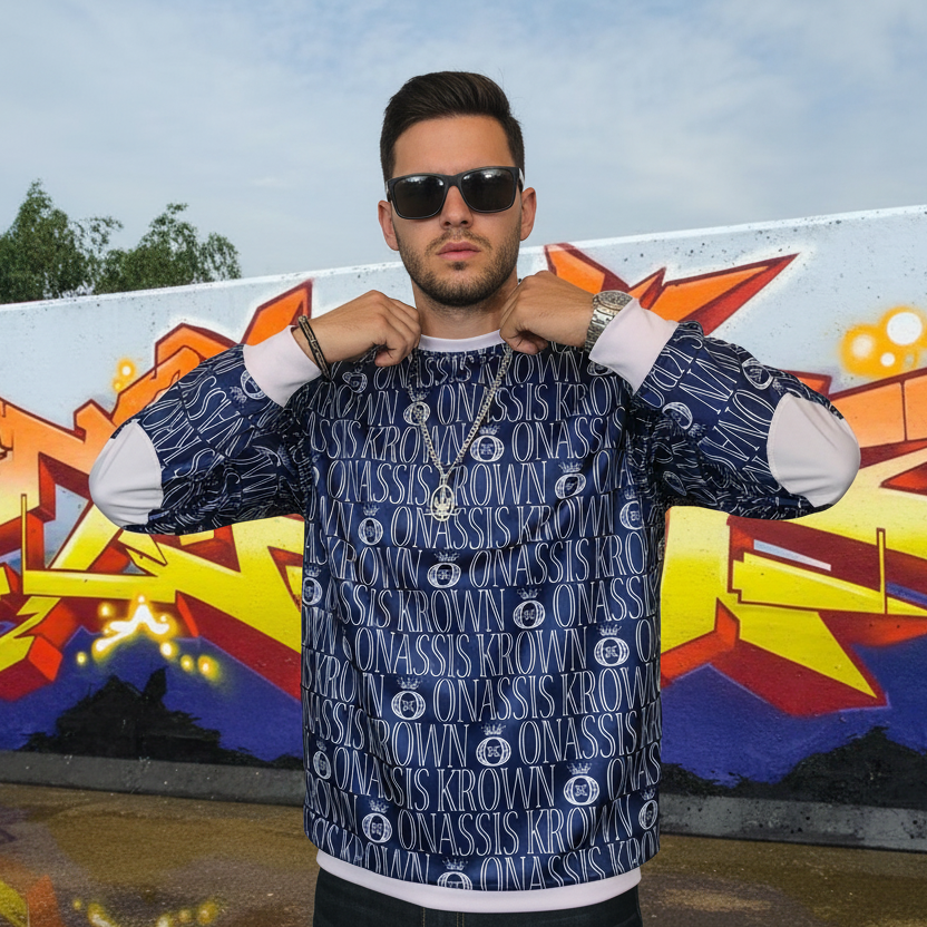 Blue All Over Print Designer Monogram Pullover