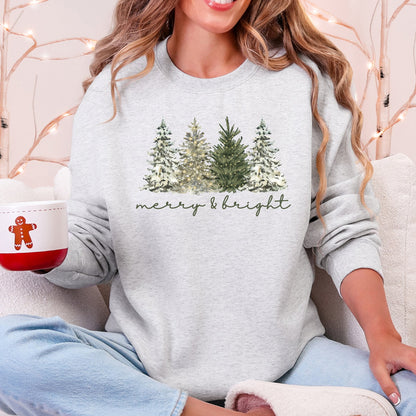 Merry and Bright Christmas Trees Santa Snowflakes Festive Holiday Theme Sweatshirt
