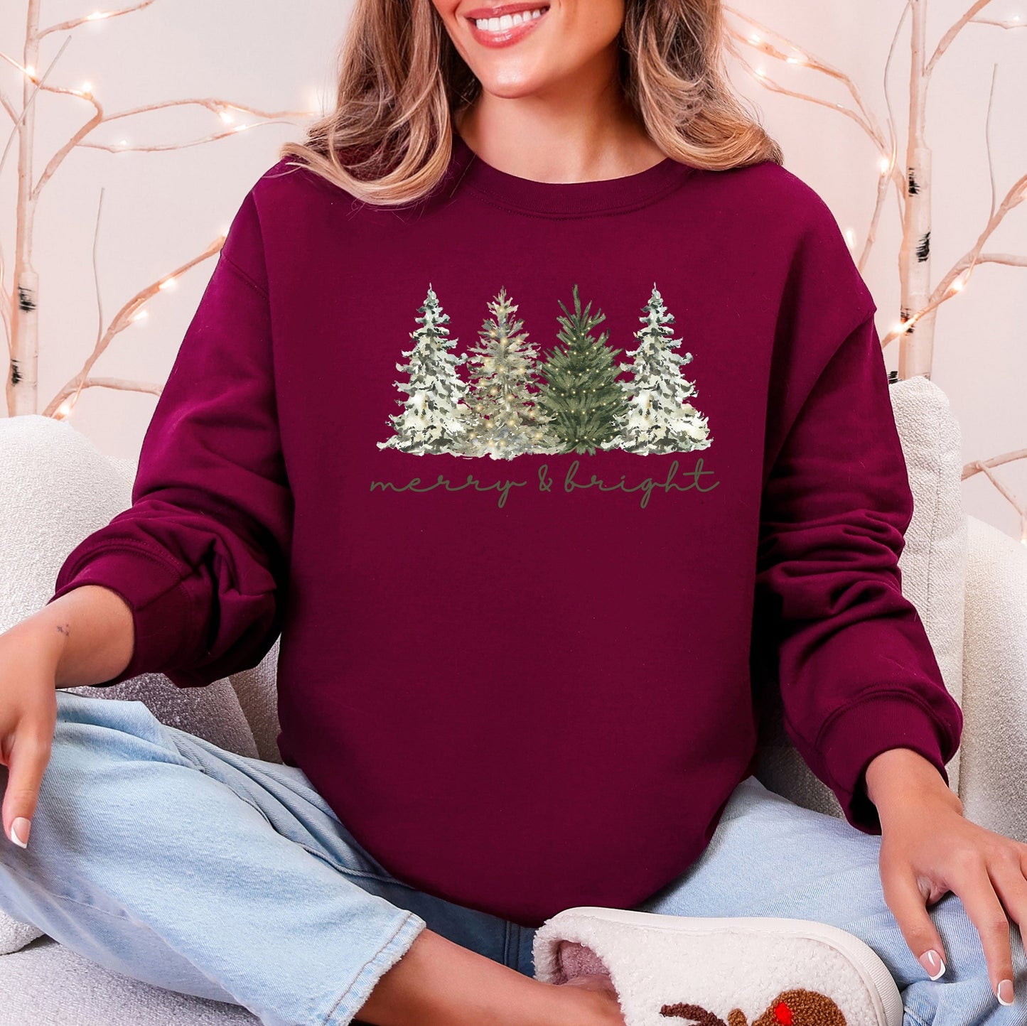 Merry and Bright Christmas Trees Santa Snowflakes Festive Holiday Theme Sweatshirt