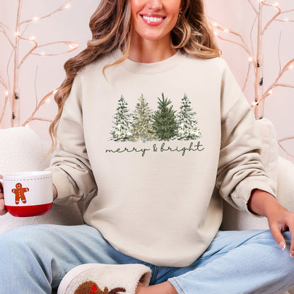 Merry and Bright Christmas Trees Santa Snowflakes Festive Holiday Theme Sweatshirt