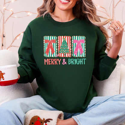 Merry And Bright Pattern Blocks Christmas Tree Ribbon Bows Santa Holiday Sweatshirt
