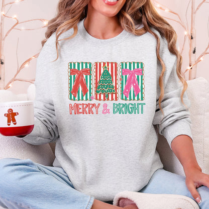 Merry And Bright Pattern Blocks Christmas Tree Ribbon Bows Santa Holiday Sweatshirt