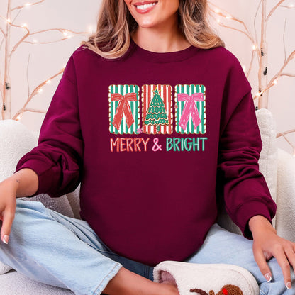 Merry And Bright Pattern Blocks Christmas Tree Ribbon Bows Santa Holiday Sweatshirt
