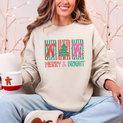 Merry And Bright Pattern Blocks Christmas Tree Ribbon Bows Santa Holiday Sweatshirt
