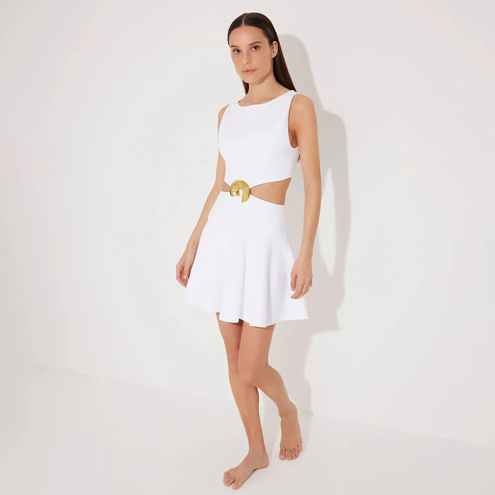 Lanao White Cut-Out Knit Mini Dress with Gold Detail