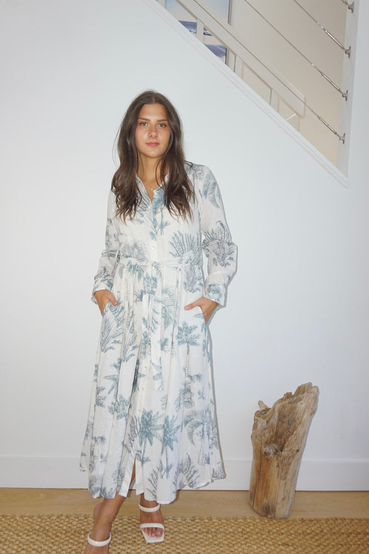 Sierra Dress in Faded Teal Palms