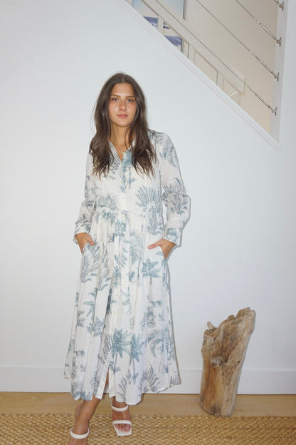 Sierra Dress in Faded Teal Palms