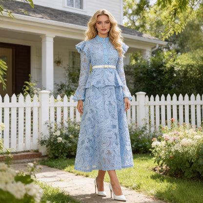 Spring French Cutout Lace Stitching Court Waist Slimming Elegant Dress for Women