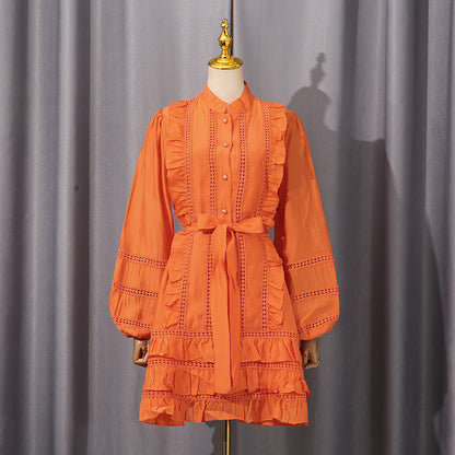 Spring Waist Controlled Short Skirt Stitching Single Breasted Vacation Lace up Dress Women Short Women Clothing
