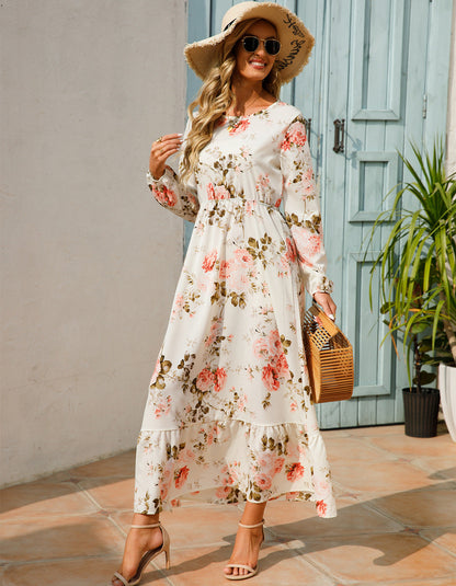 Spring and Autumn floral chiffon dress waist thin long sleeve round neck long printed skirt