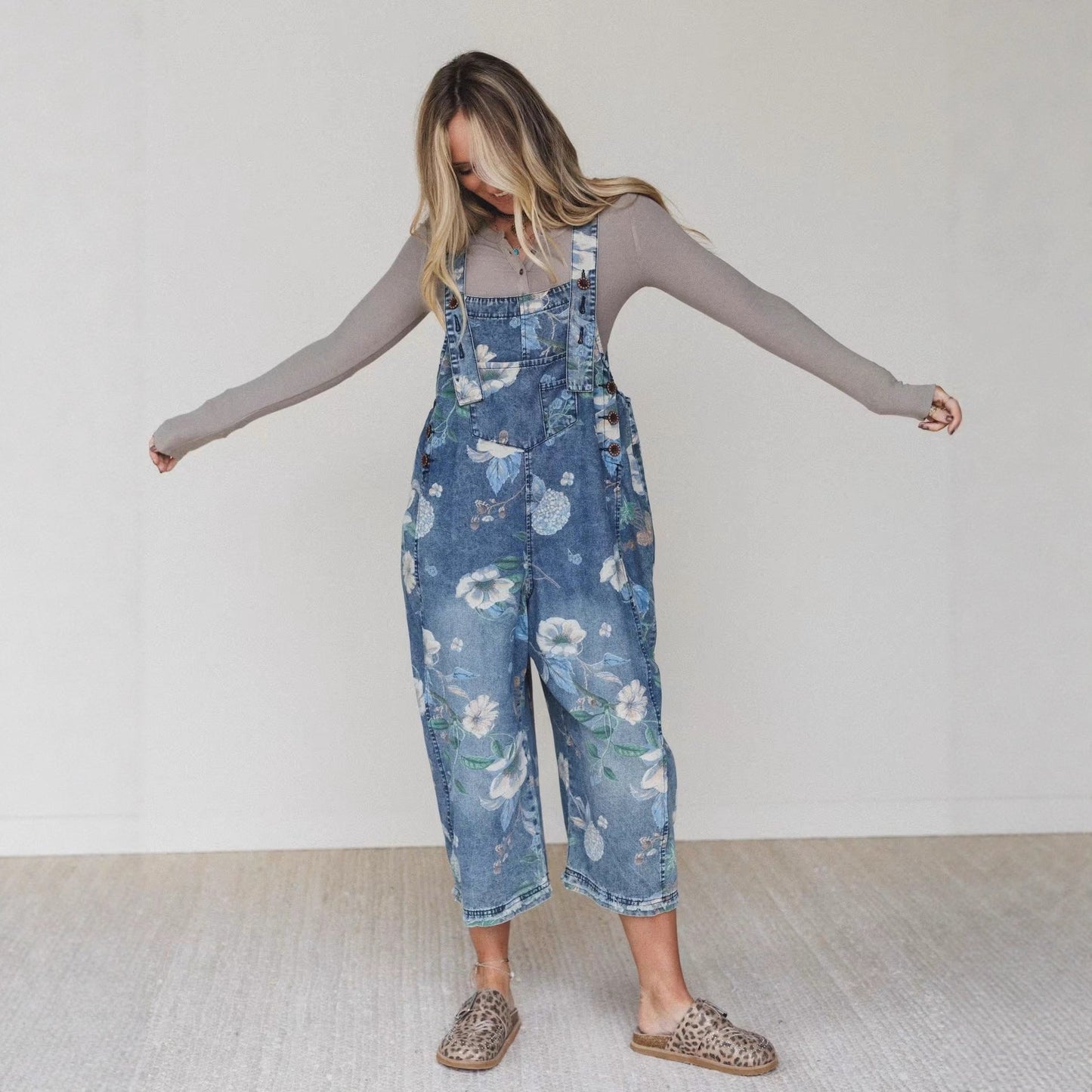Street Trends Loose Printed Denim Jumpsuit