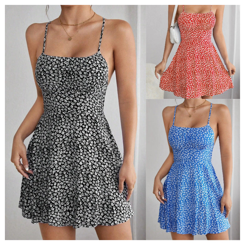 Spring and summer slim-fit floral backless suspender short dress sexy and fashionable