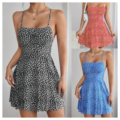 Spring and summer slim-fit floral backless suspender short dress sexy and fashionable