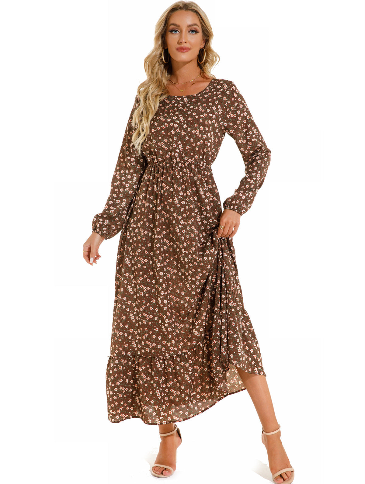 Spring and Autumn floral chiffon dress waist thin long sleeve round neck long printed skirt