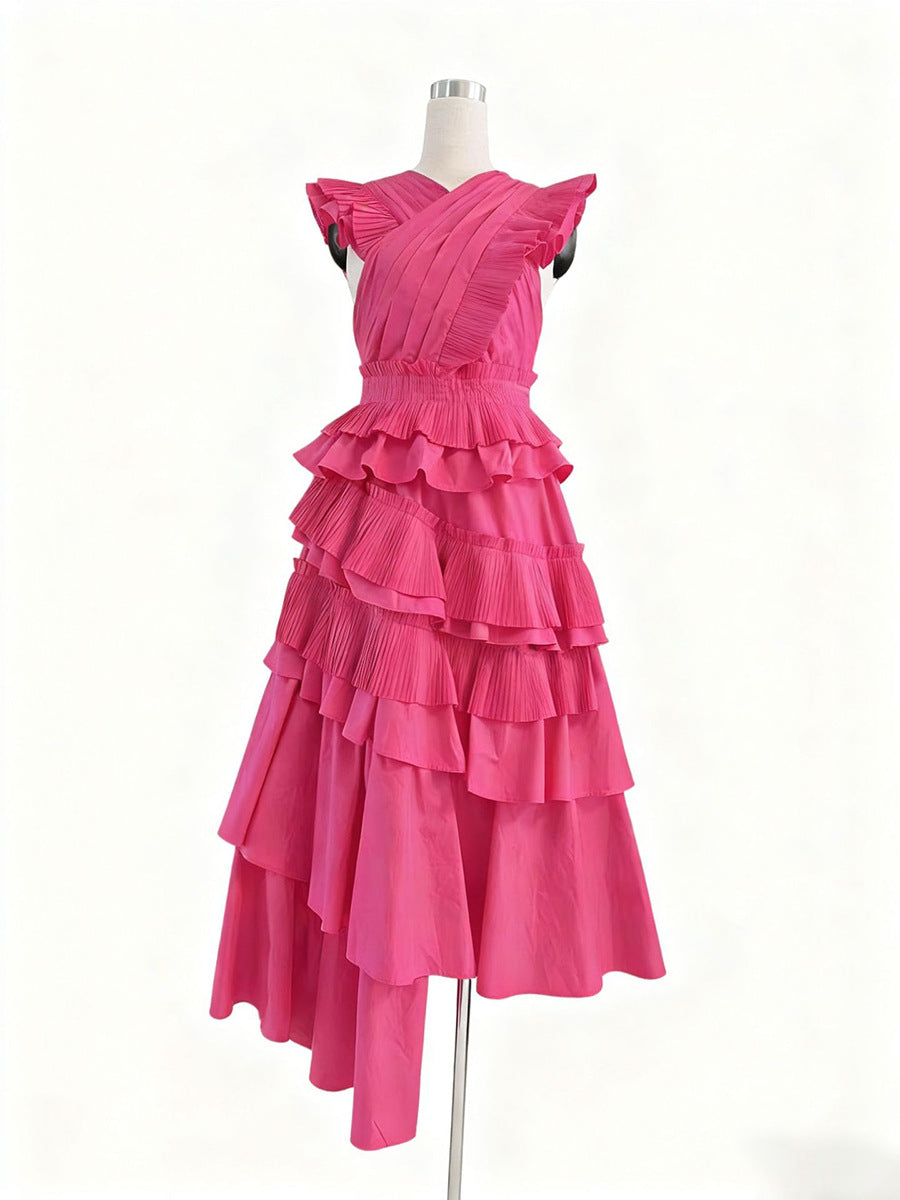 Spring Elegant Elegant Wooden Ear Stitching High Grade V neck Cross Maxi Dress Women Clothing