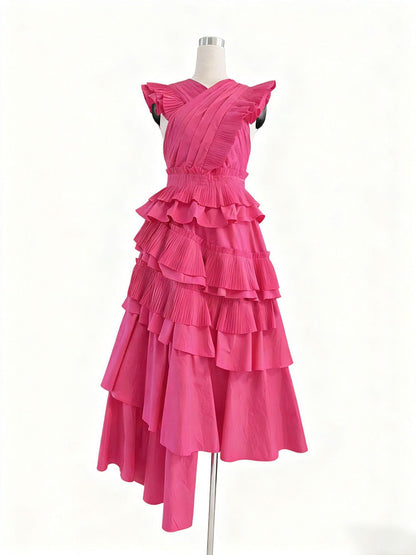 Spring Elegant Elegant Wooden Ear Stitching High Grade V neck Cross Maxi Dress Women Clothing
