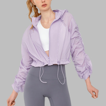 High Grade Sun Protective Loose Short Breathable Long Sleeve Hooded Ruched Jacket