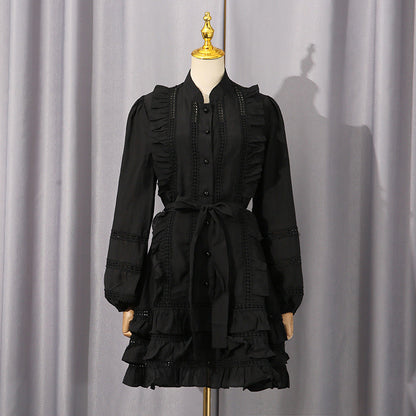 Spring Waist Controlled Short Skirt Stitching Single Breasted Vacation Lace up Dress Women Short Women Clothing