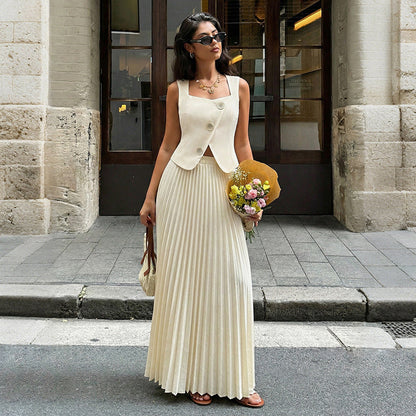 Summer Elegant Pleated Skirt Two Piece Sets Women