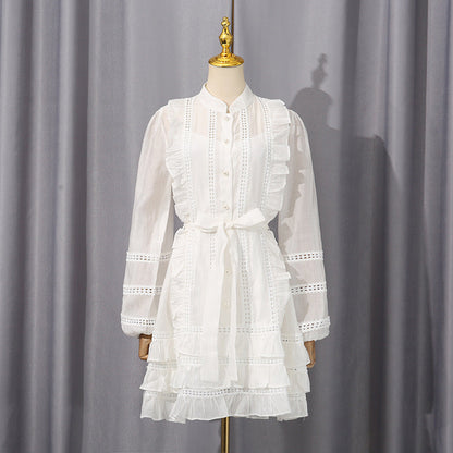 Spring Waist Controlled Short Skirt Stitching Single Breasted Vacation Lace up Dress Women Short Women Clothing