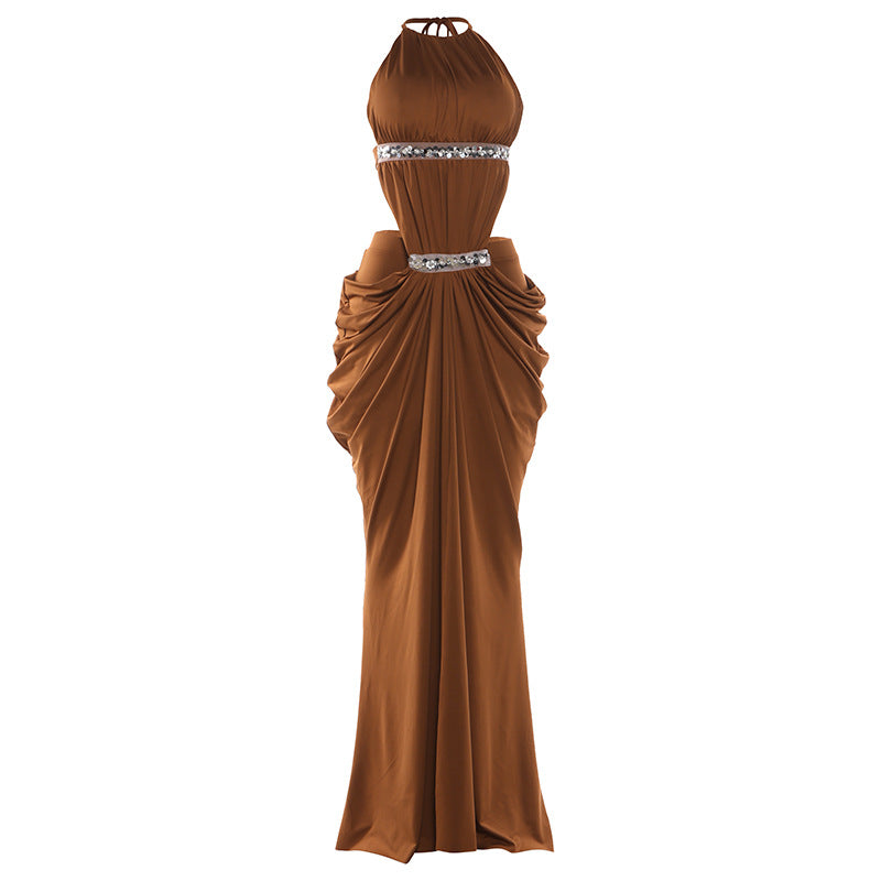 Spring Women Clothing Fashionable Sequ Stitching Halter Backless Thin Strap Sexy Front Slit Dress