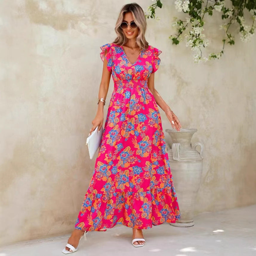 Summer seaside vacation fashion floral print sleeveless dress