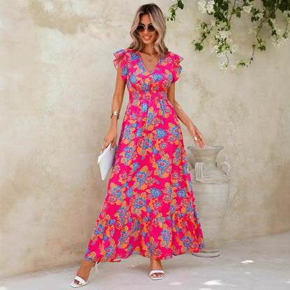 Summer seaside vacation fashion floral print sleeveless dress