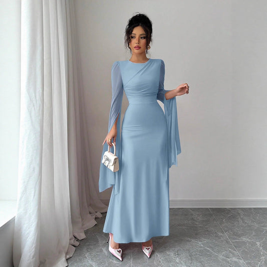Spring Stitching Mesh Large Swing Sleeves Sexy Slim Fit Fishtail Dress