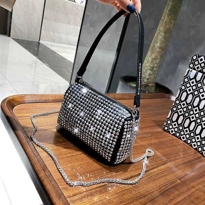 New Arrival Trendy Rhinestone Small Square Bag | Full Diamond Underarm Bag & Diamond-Embedded Women's Shoulder Crossbody Small Handbag