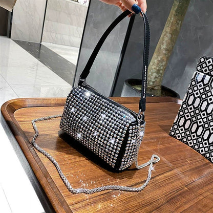 New Arrival Trendy Rhinestone Small Square Bag | Full Diamond Underarm Bag & Diamond-Embedded Women's Shoulder Crossbody Small Handbag