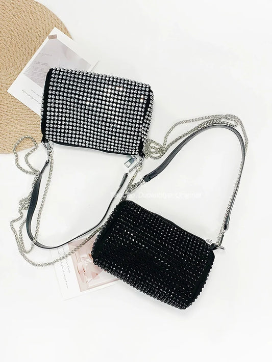 New Arrival Trendy Rhinestone Small Square Bag | Full Diamond Underarm Bag & Women's Chain Shoulder Crossbody Small Handbag (Japanese & Korean Style)