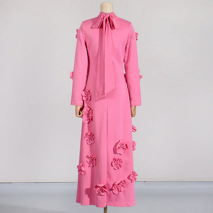 French Floral Stitching Dress Summer High Grade Vacation Stand Collar Long Sleeve Three Dimensional Long Dress