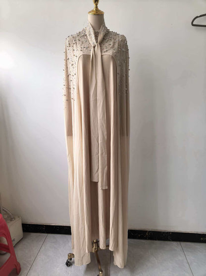 Spring Elegant Retro Exquisite Rhinestone Cape Shawl High Waist Slimming Dress
