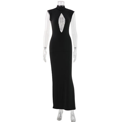 Women Clothing Black Fashionable Slim Fit Figure Flattering Stand Collar Chest Hollow Out Cutout out Mesh Stitching Mop Dress