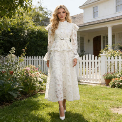 Spring French Cutout Lace Stitching Court Waist Slimming Elegant Dress for Women