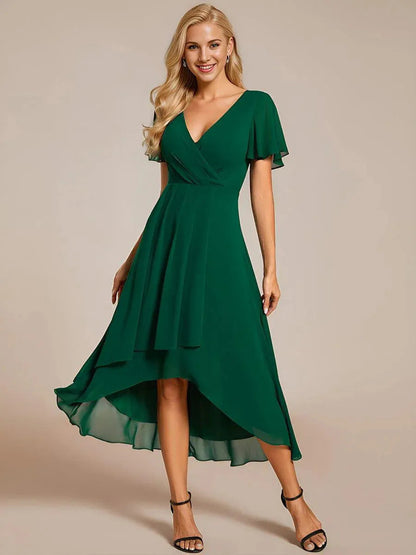 Ruffle Sleeve Pleated Midi Dress - V-Neck A-Line