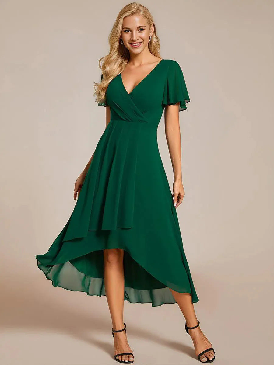 Ruffle Sleeve Pleated Midi Dress - V-Neck A-Line