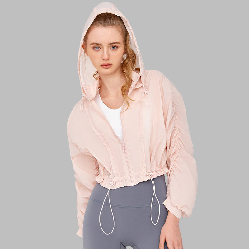 High Grade Sun Protective Loose Short Breathable Long Sleeve Hooded Ruched Jacket
