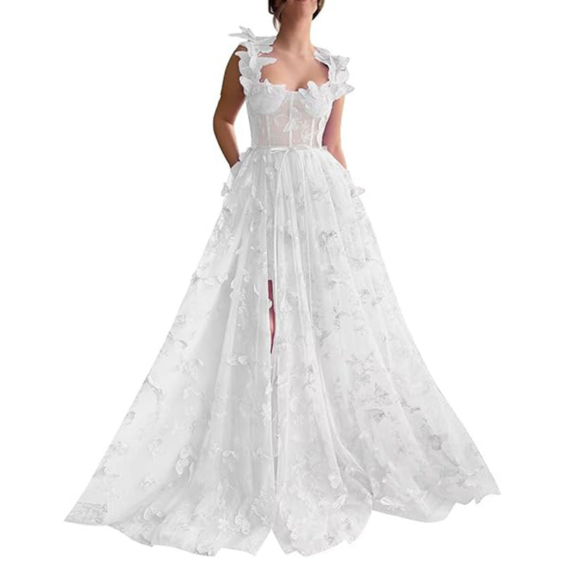 Spaghetti Strap Flower Fairy High-End Gown Banquet Party Elegant Evening Dress