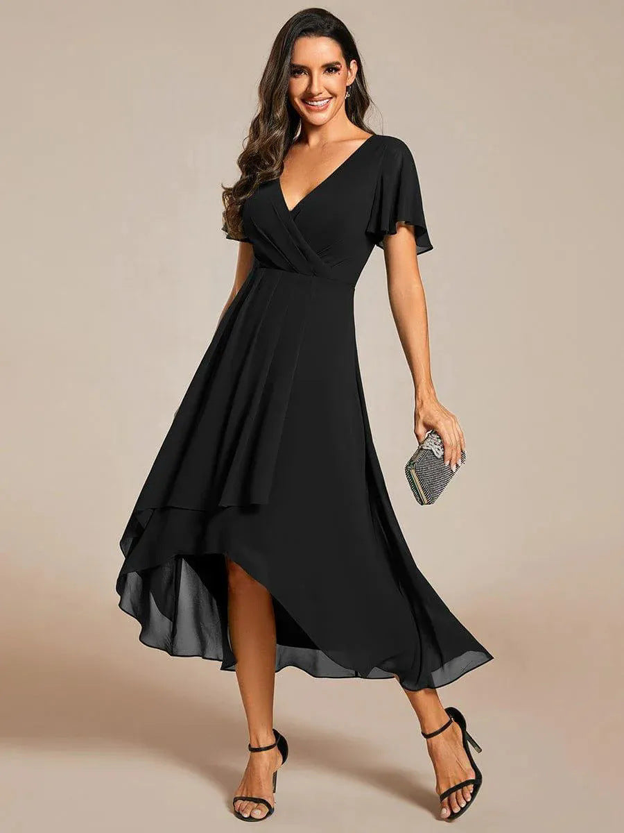 Ruffle Sleeve Pleated Midi Dress - V-Neck A-Line