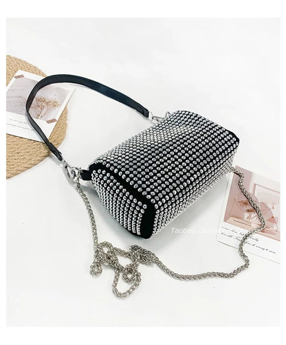 New Arrival Trendy Rhinestone Small Square Bag | Full Diamond Underarm Bag & Women's Chain Shoulder Crossbody Small Handbag (Japanese & Korean Style)