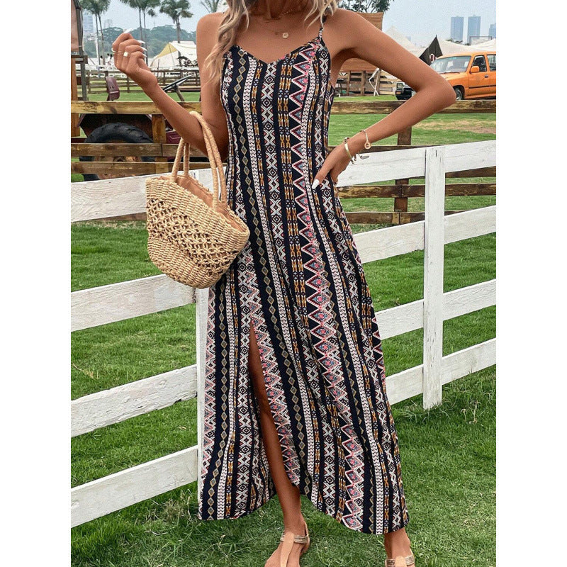 Summer explosive women's clothing suspender splicing split fork long dress