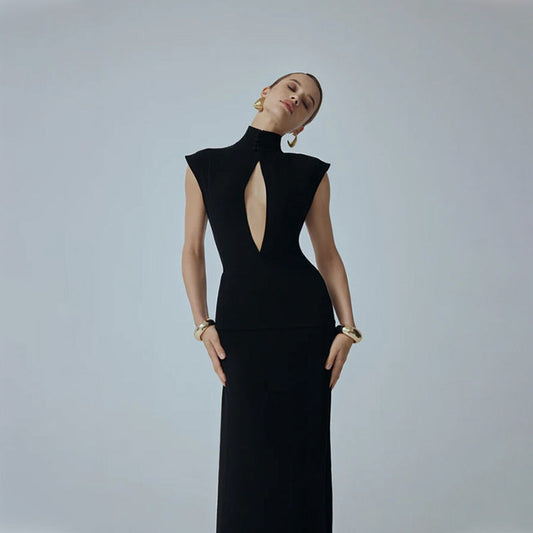 Women Clothing Black Fashionable Slim Fit Figure Flattering Stand Collar Chest Hollow Out Cutout out Mesh Stitching Mop Dress