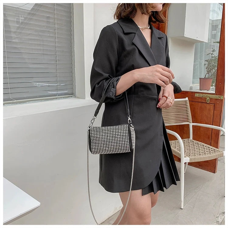 Rhinestone Square Pouch | Full Diamond Underarm Bag & Chain Shoulder Crossbody (Small Handbag, Japanese & Korean Style)