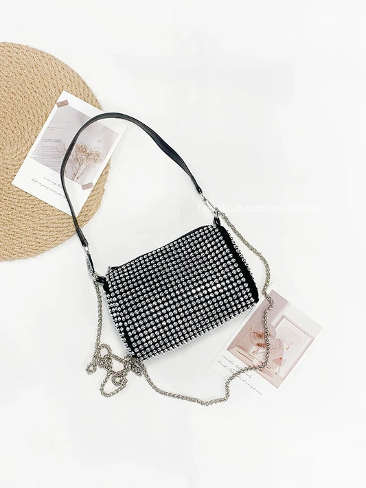 New Arrival Trendy Rhinestone Small Square Bag | Full Diamond Underarm Bag & Women's Chain Shoulder Crossbody Small Handbag (Japanese & Korean Style)
