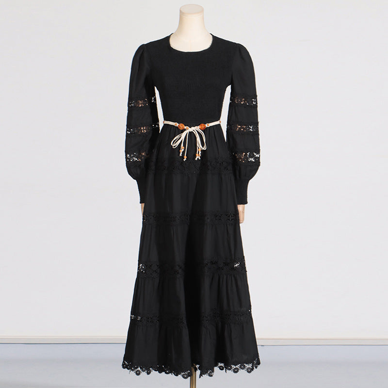 High Grade Dress Spring Hollow Out Cutout out Tied Solid Color Waist Tight Slimming Dress Women