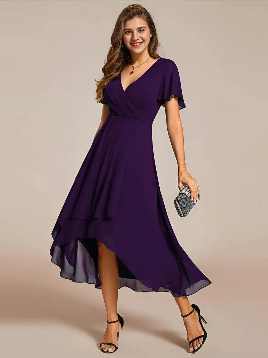 Ruffle Sleeve Pleated Midi Dress - V-Neck A-Line