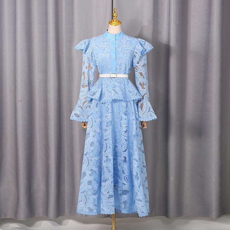 Spring French Cutout Lace Stitching Court Waist Slimming Elegant Dress for Women