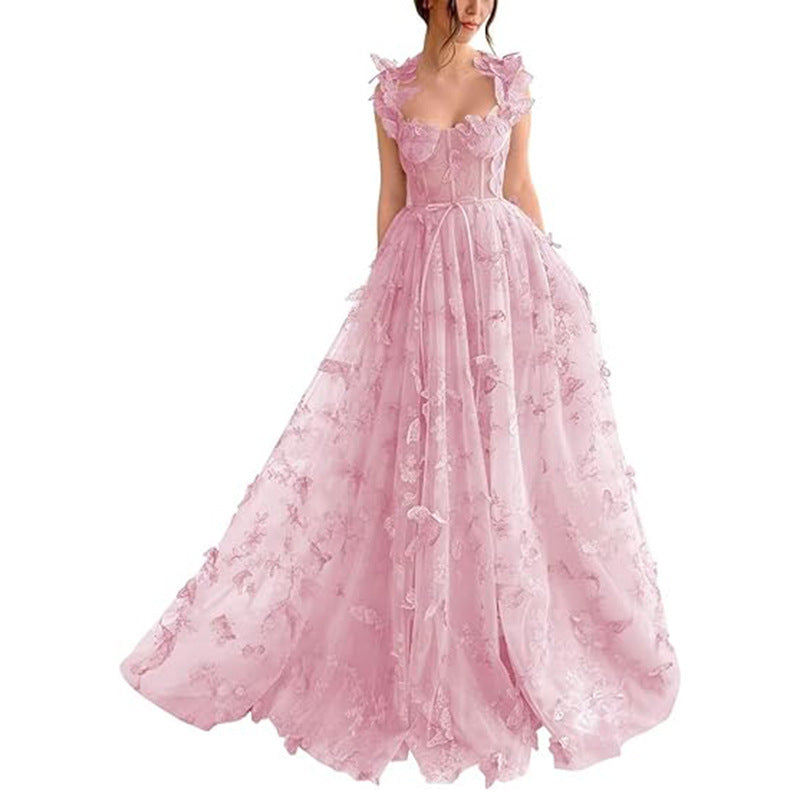 Spaghetti Strap Flower Fairy High-End Gown Banquet Party Elegant Evening Dress