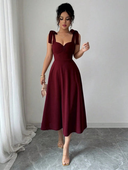 Spring Summer Solid Color Tied Dress Waist Slimming Elegant Graceful Maxi Dress